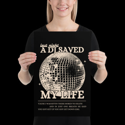 Last Night a DJ Saved My Life Black and Beige Wall Print - Ibiza Colourful Funny Cute Birthday Christmas Gift Unique Leopard Disco Ball
