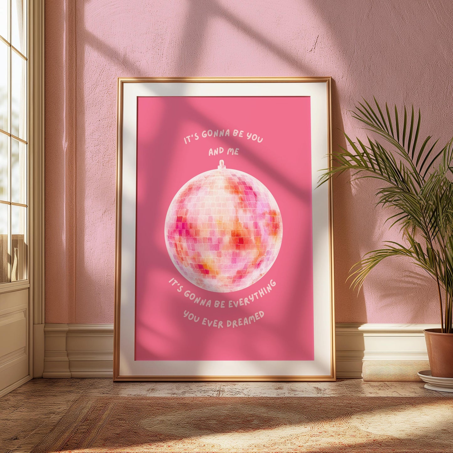 You and Me Pink Disco Ball Wall Print - Ibiza Colourful Funny Cute Birthday Christmas Gift Unique Leopard Cocktail