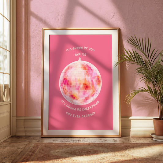 You and Me Pink Disco Ball Wall Print - Ibiza Colourful Funny Cute Birthday Christmas Gift Unique Leopard Cocktail
