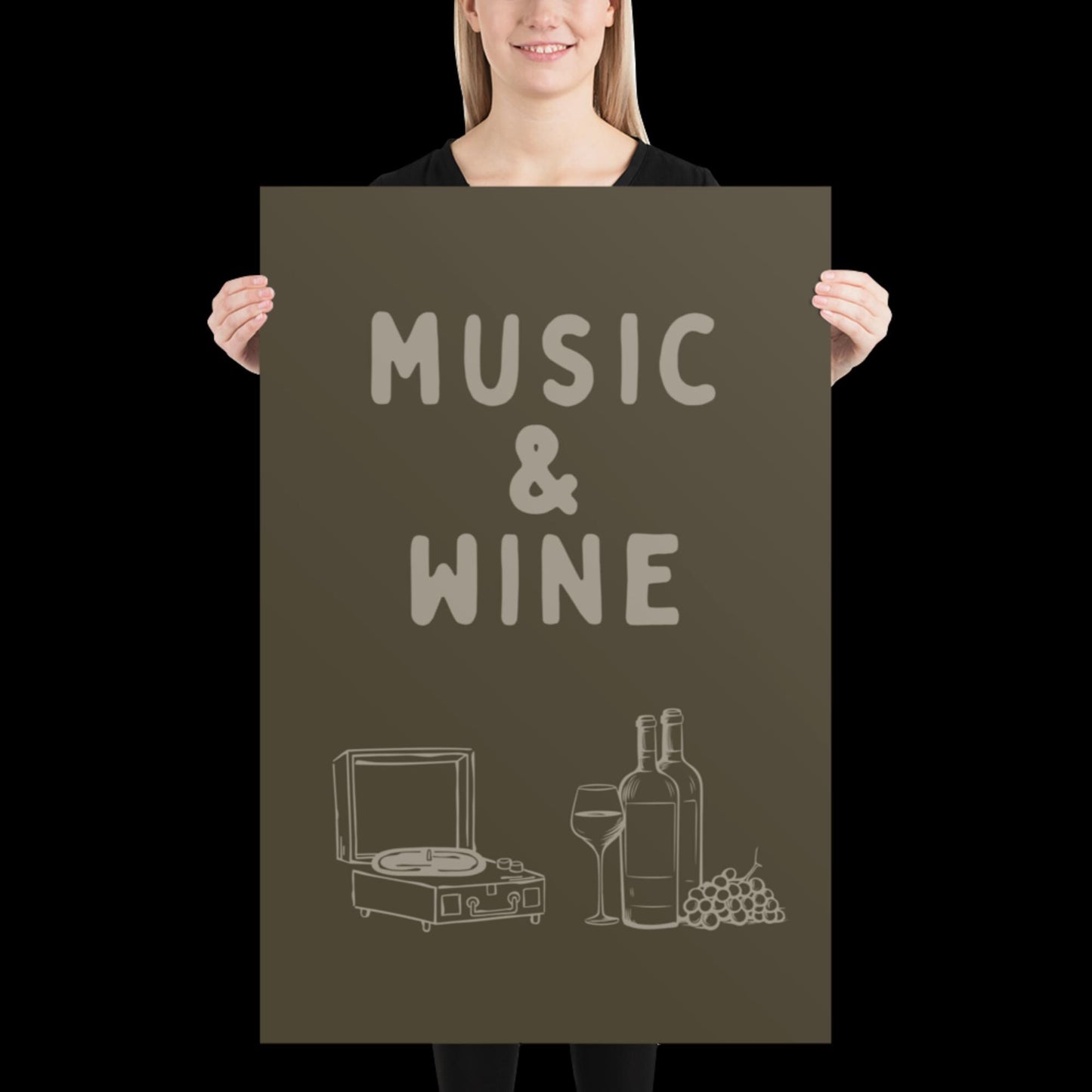 Music and Wine Khaki Green Wall Print -  Ibiza Colourful Funny Cute Birthday Art Gift Unique Funky House Music Poster Lyrics Kitchen