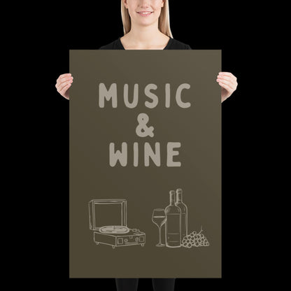 Music and Wine Khaki Green Wall Print -  Ibiza Colourful Funny Cute Birthday Art Gift Unique Funky House Music Poster Lyrics Kitchen