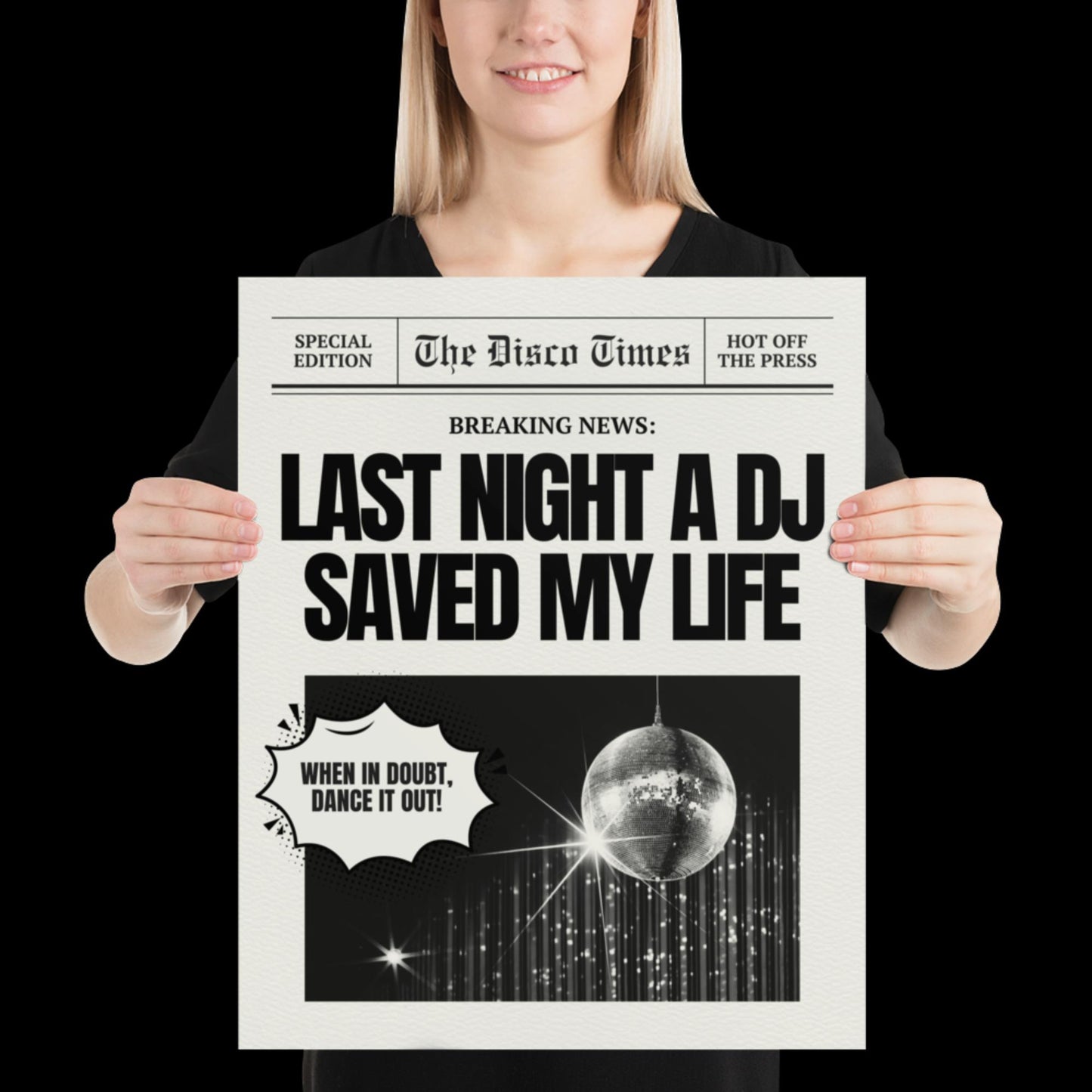 Last Night a DJ Saved My Life Newspaper Print | Retro | Disco Print | Music Poster | Wall Art | House Music | Typographic | Disco Ball