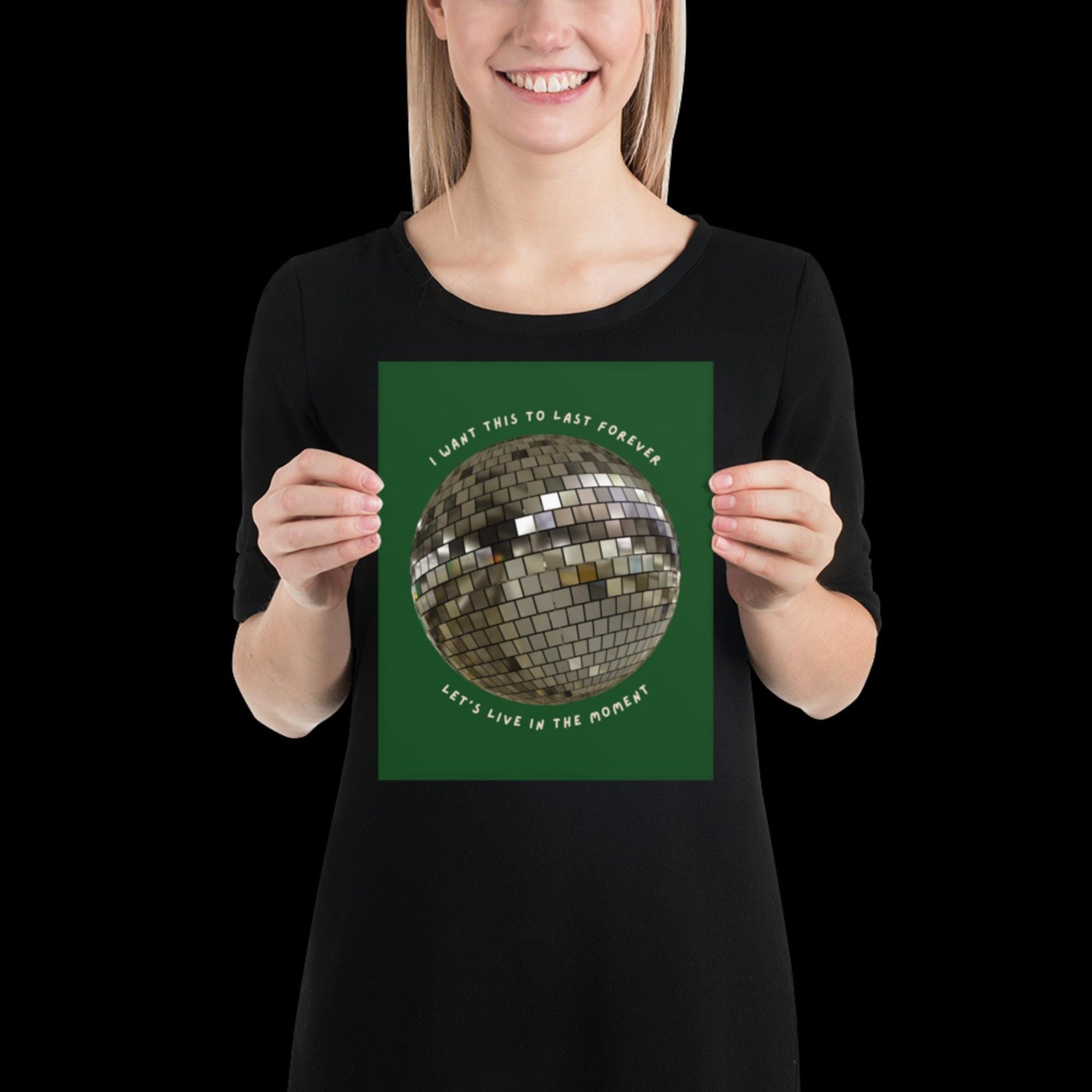 Let's Live in The Moment Green Khaki Disco Ball Wall Print -  Ibiza Colourful Funny Cute Art Gift Unique Funky House Music Poster Lyrics