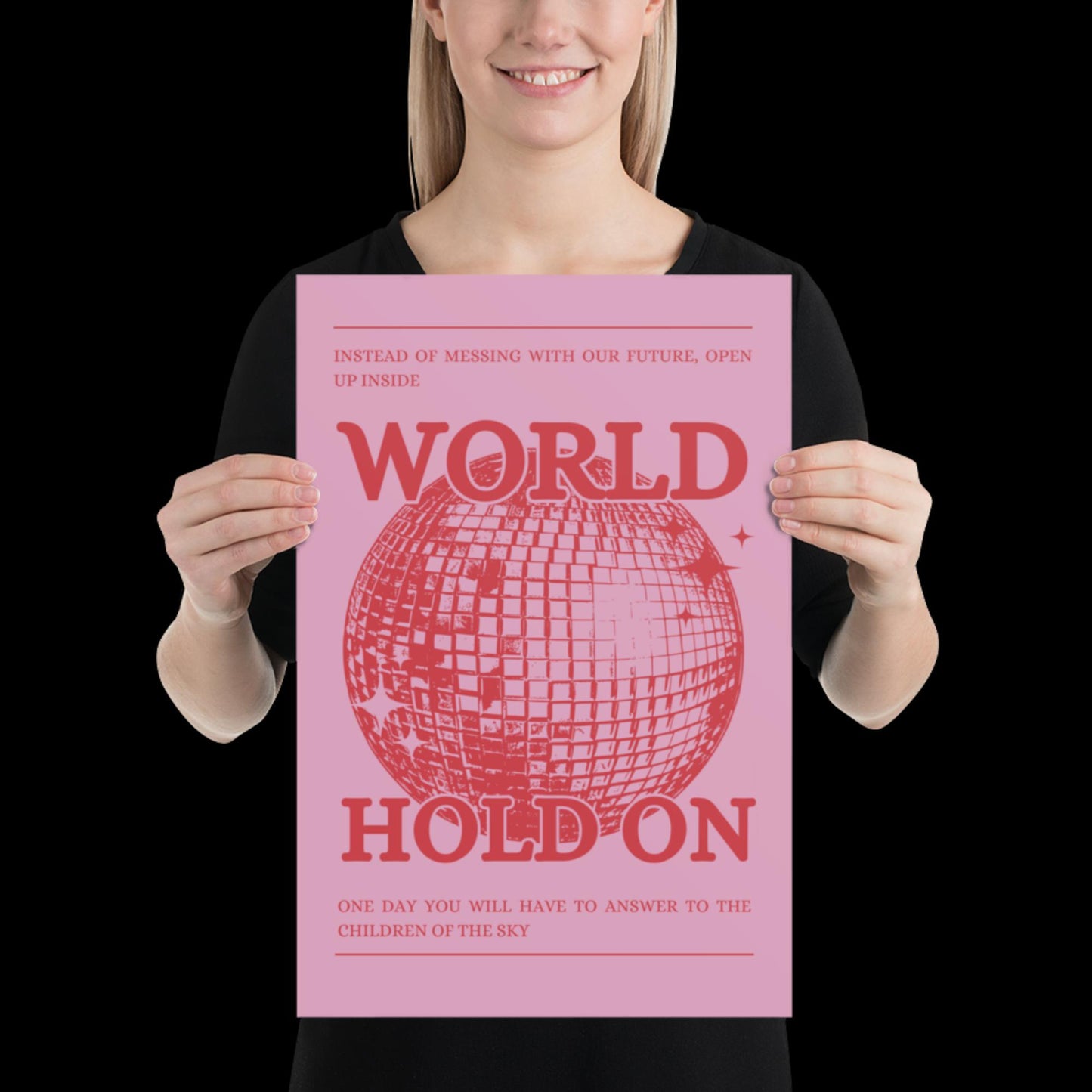 World Hold On Pink and Red Disco Ball Wall Print - Ibiza Colourful Funny Cute Birthday Christmas Gift Unique Leopard Cocktail