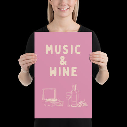 Music and Wine Pink and Beige Wall Print -  Ibiza Colourful Funny Cute Birthday Art Gift Unique Funky House Music Poster Lyrics Kitchen