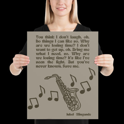 Jubel Klingande Inspired Print Silver Khaki - Song Lyric Music Poster Wall Art Typographic Lyrics Ibiza House Music Wall Decor Saxophone