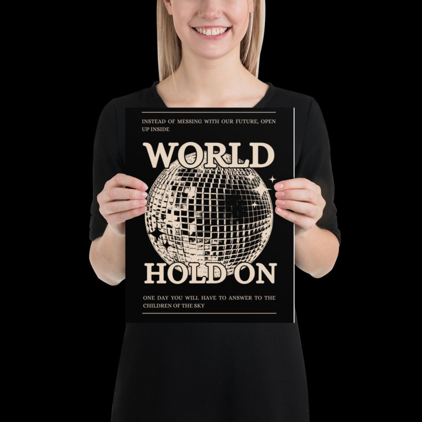 World Hold On Black and Beige Disco Ball Wall Print - Ibiza Colourful Funny Colourful Birthday House Music Gift Unique Funky Cocktail