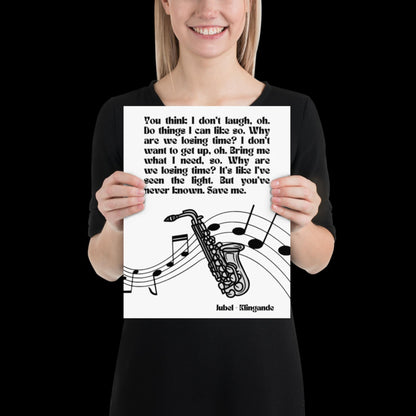 Jubel Klingande Inspired Monochrome Print - Song Lyric Music Poster Wall Art Typographic Lyrics Ibiza House Music Wall Decor Saxophone