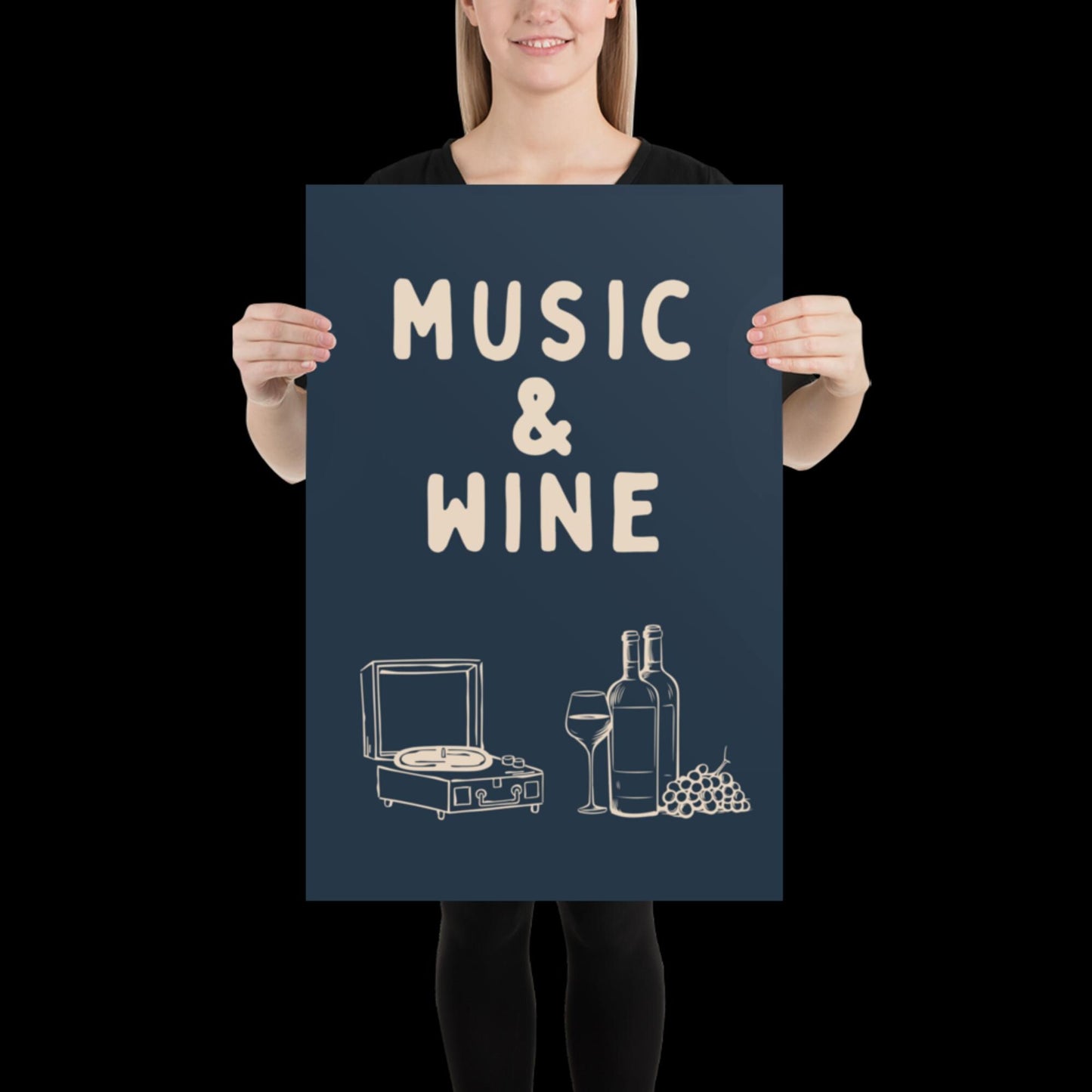 Music and Wine Navy Blue and Beige Wall Print -  Ibiza Colourful Funny Cute Birthday Art Gift Unique Funky House Music Poster Lyrics Kitchen