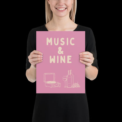 Music and Wine Pink and Beige Wall Print -  Ibiza Colourful Funny Cute Birthday Art Gift Unique Funky House Music Poster Lyrics Kitchen