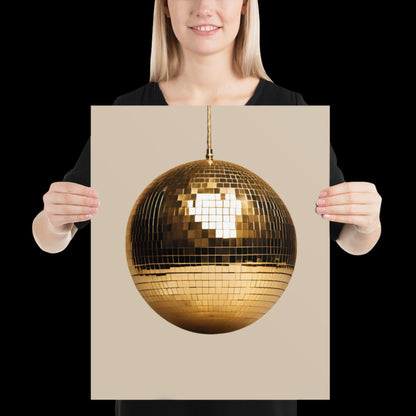 Gold Disco Ball Wall Print | Beige | Mirror Ball | Trendy | Music Poster | Wall Art | Funky | Typographic | A1 A2 A3 | Realistic | Ibiza