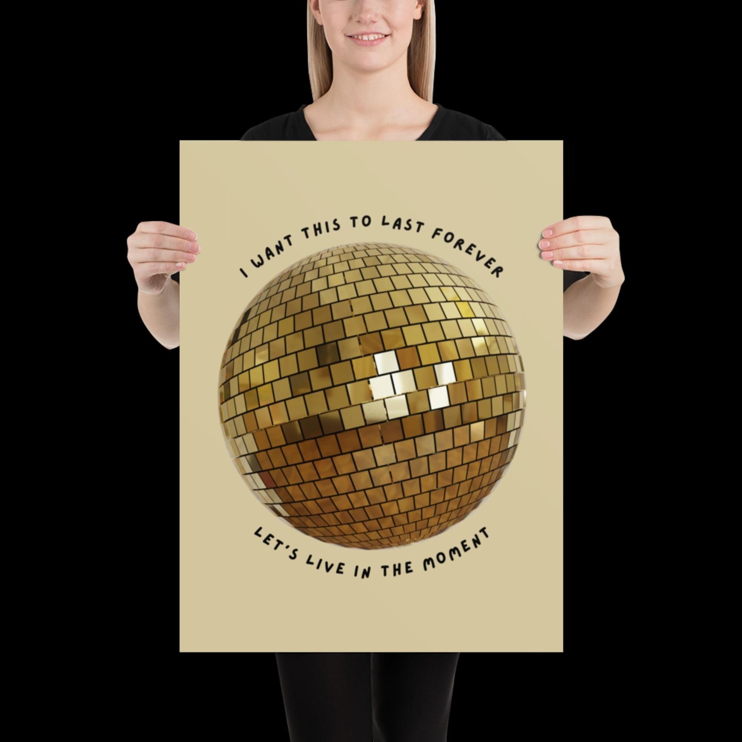 Let's Live in The Moment Gold Disco Ball Wall Print -  Ibiza Colourful Funny Cute Art Gift Unique Funky House Music Poster Lyrics