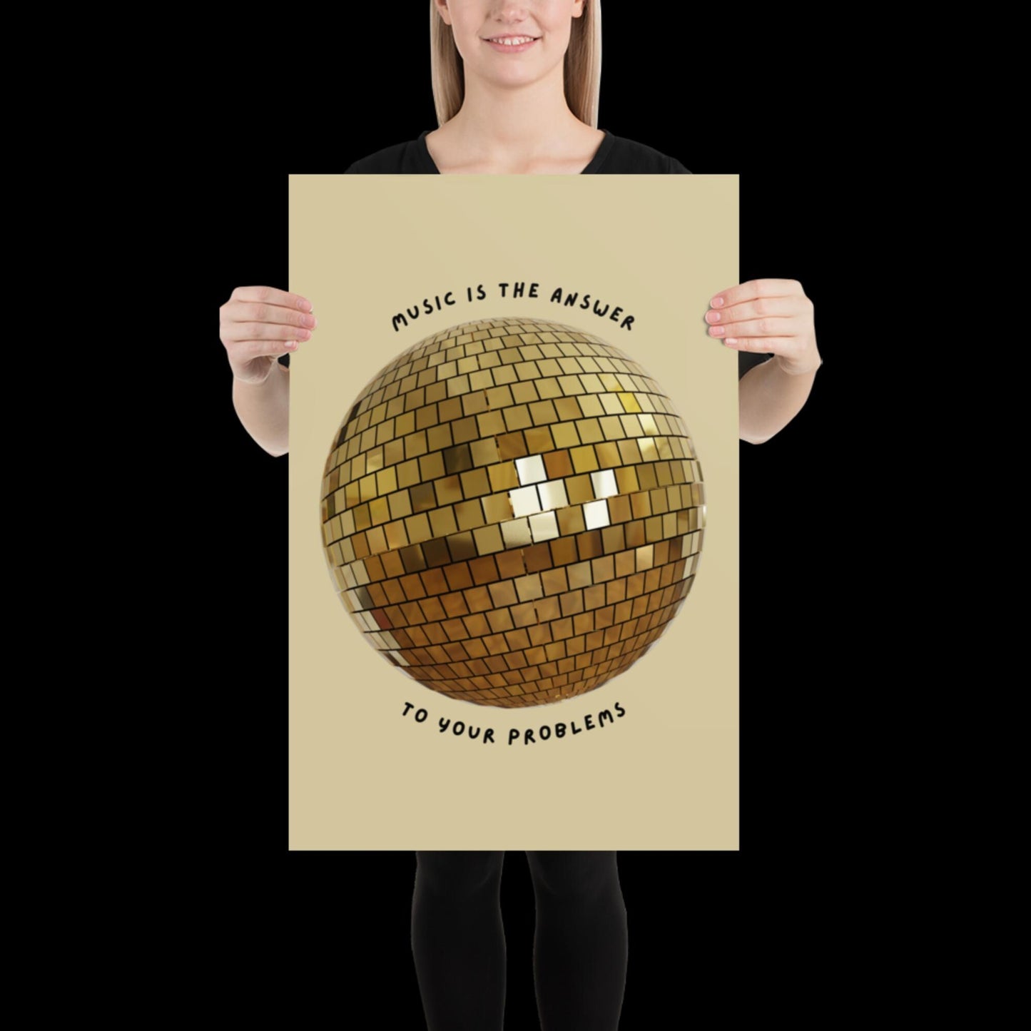 Music is The Answer Gold Disco Ball Wall Print -  Ibiza Colourful Funny Cute Birthday Art Gift Unique Funky House Music Poster Disco