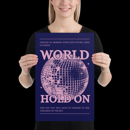 World Hold On Navy Blue and Pink Disco Ball Wall Print - Ibiza Colourful Funny Cute Birthday Christmas Gift Unique Leopard Cocktail