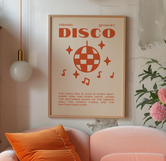 Disco Graphic Orange and Beige Monochrome Wall Print - Ibiza Colourful Funny Cute Birthday Art Gift Unique Funky House Music Poster Lyrics