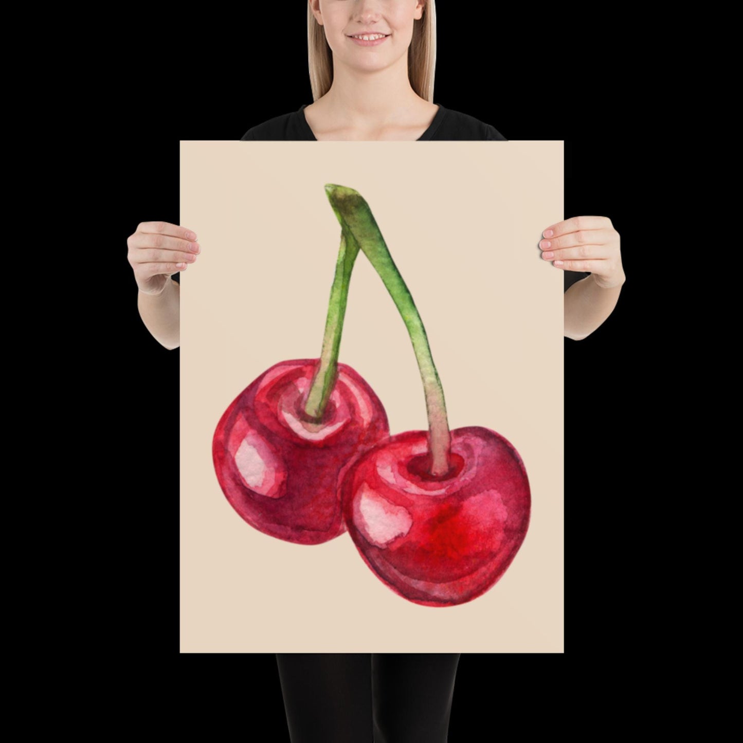 Watercolour Cherries Wall Print - Fruit Ibiza Colourful Funny Cute Birthday Christmas Gift Unique Printed Cowboy Leopard