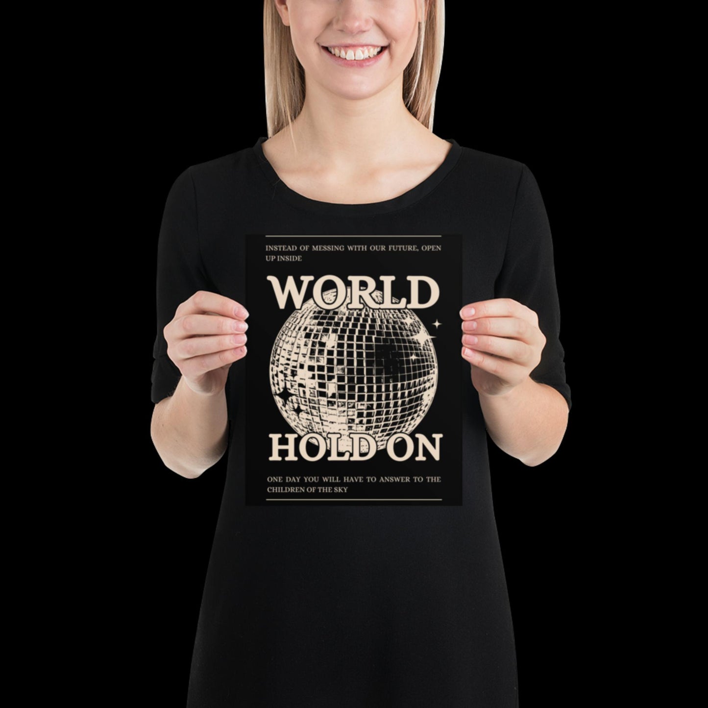 World Hold On Black and Beige Disco Ball Wall Print - Ibiza Colourful Funny Colourful Birthday House Music Gift Unique Funky Cocktail