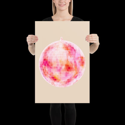Watercolour Pink Disco Ball Wall Print - Fruit Ibiza Colourful Funny Cute Birthday Christmas Gift Unique Printed Cowboy Leopard