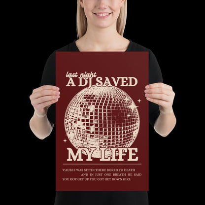 Last Night a DJ Saved My Life Red and Beige Wall Print - Ibiza Colourful Funny Cute Birthday Christmas Gift Unique Leopard Disco Ball