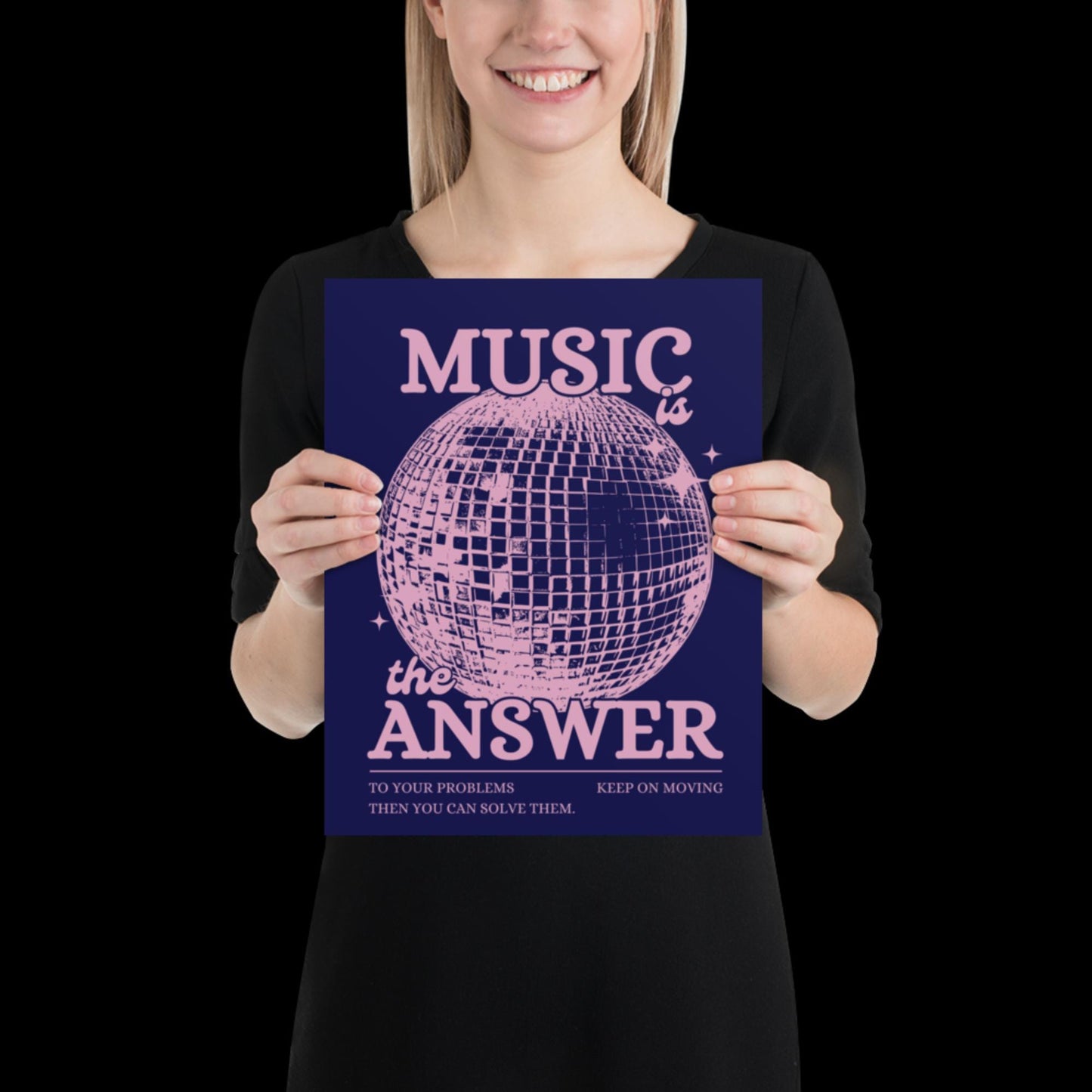 Music is the Answer Navy Blue and Pink Disco Ball Wall Print - Ibiza Colourful Funny Cute Birthday Christmas Gift Unique Leopard Cocktail