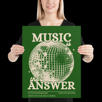 Music is the Answer Green Khaki Disco Ball Wall Print -  Ibiza Colourful Funny Cute Birthday Art Gift Unique Funky House Music Poster