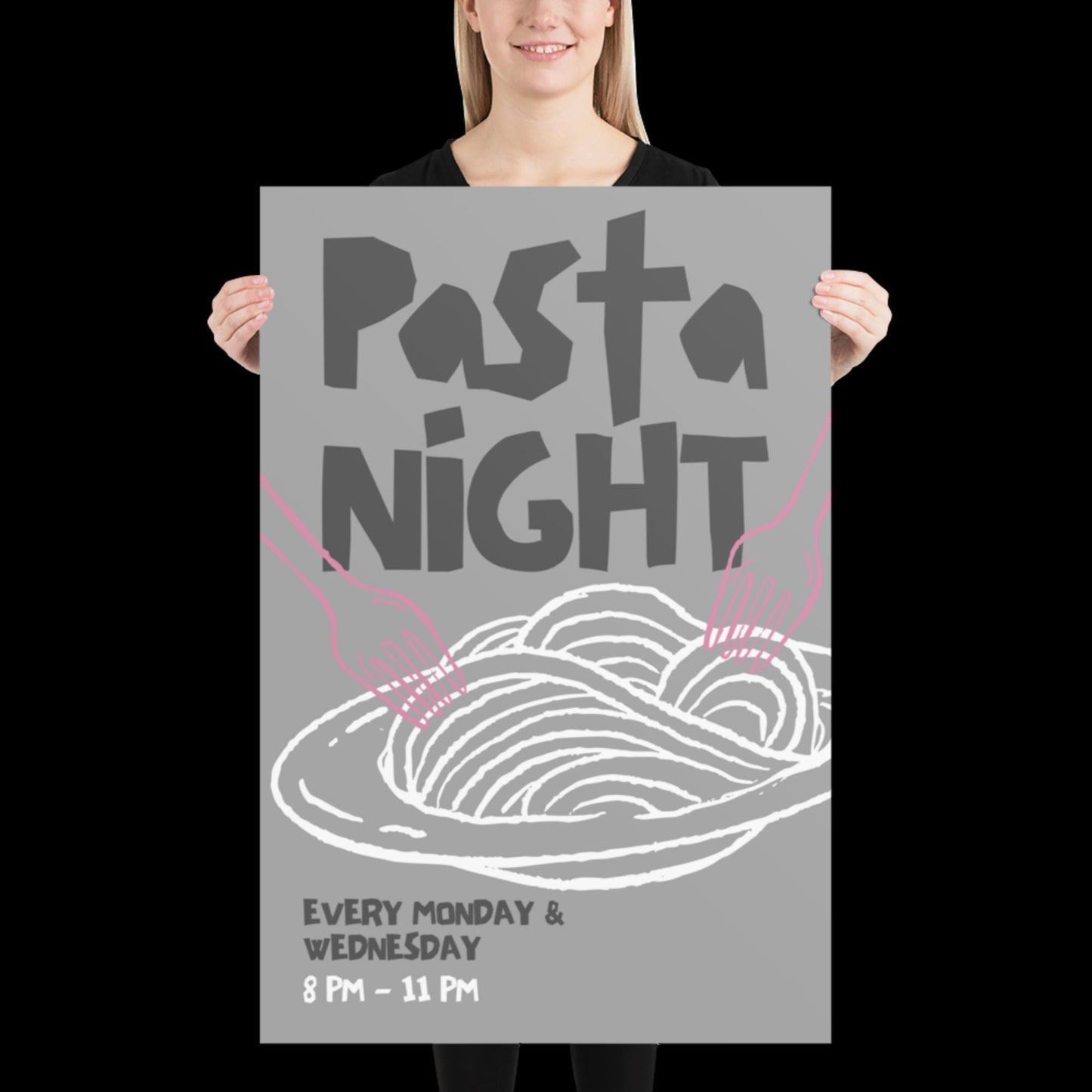 Pasta Night Wall Art Poster • Gray and Pink • Pasta Print Poster • Minimalistic Kitchen Wall Art • Aesthetic • Trendy Wall Art