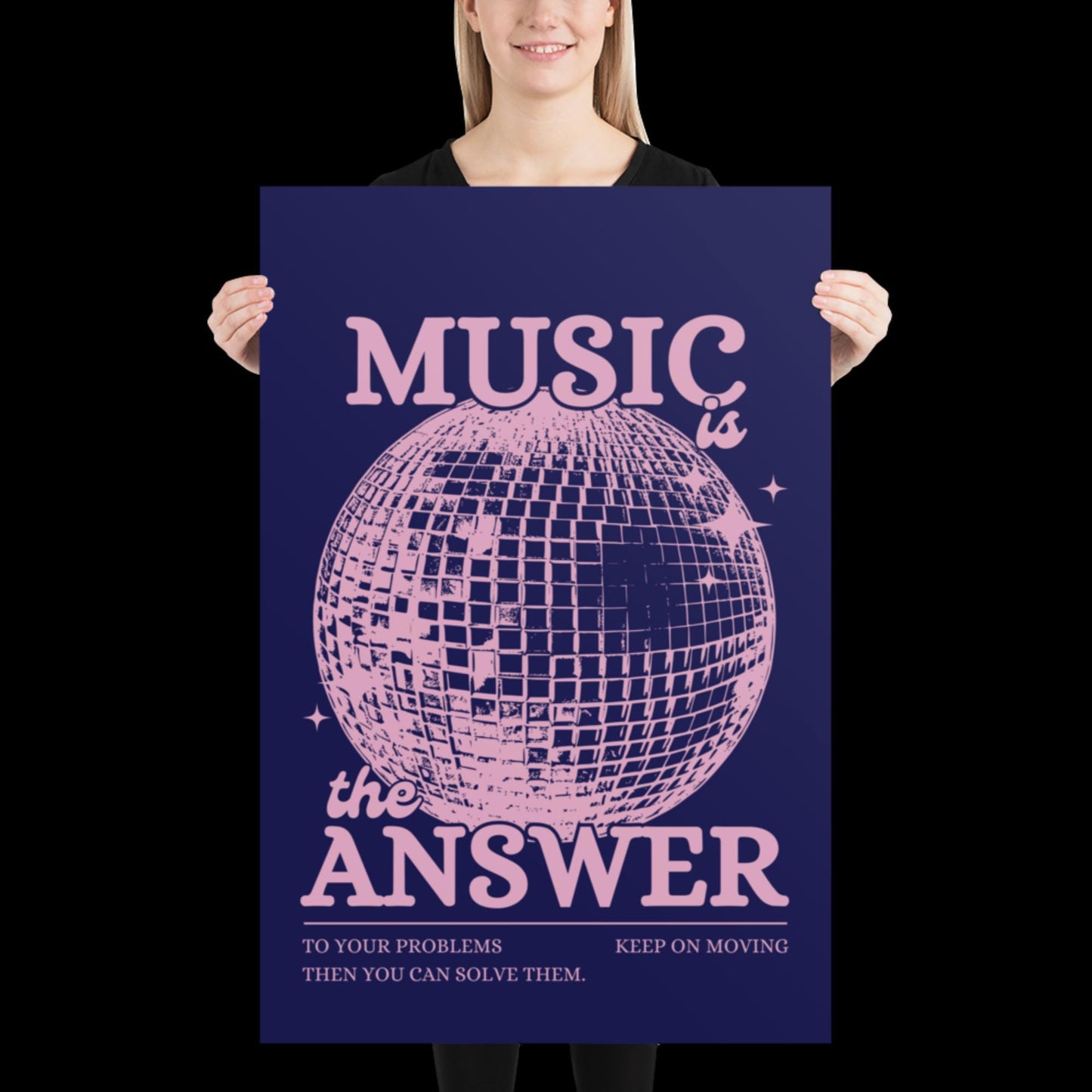 Music is the Answer Navy Blue and Pink Disco Ball Wall Print - Ibiza Colourful Funny Cute Birthday Christmas Gift Unique Leopard Cocktail