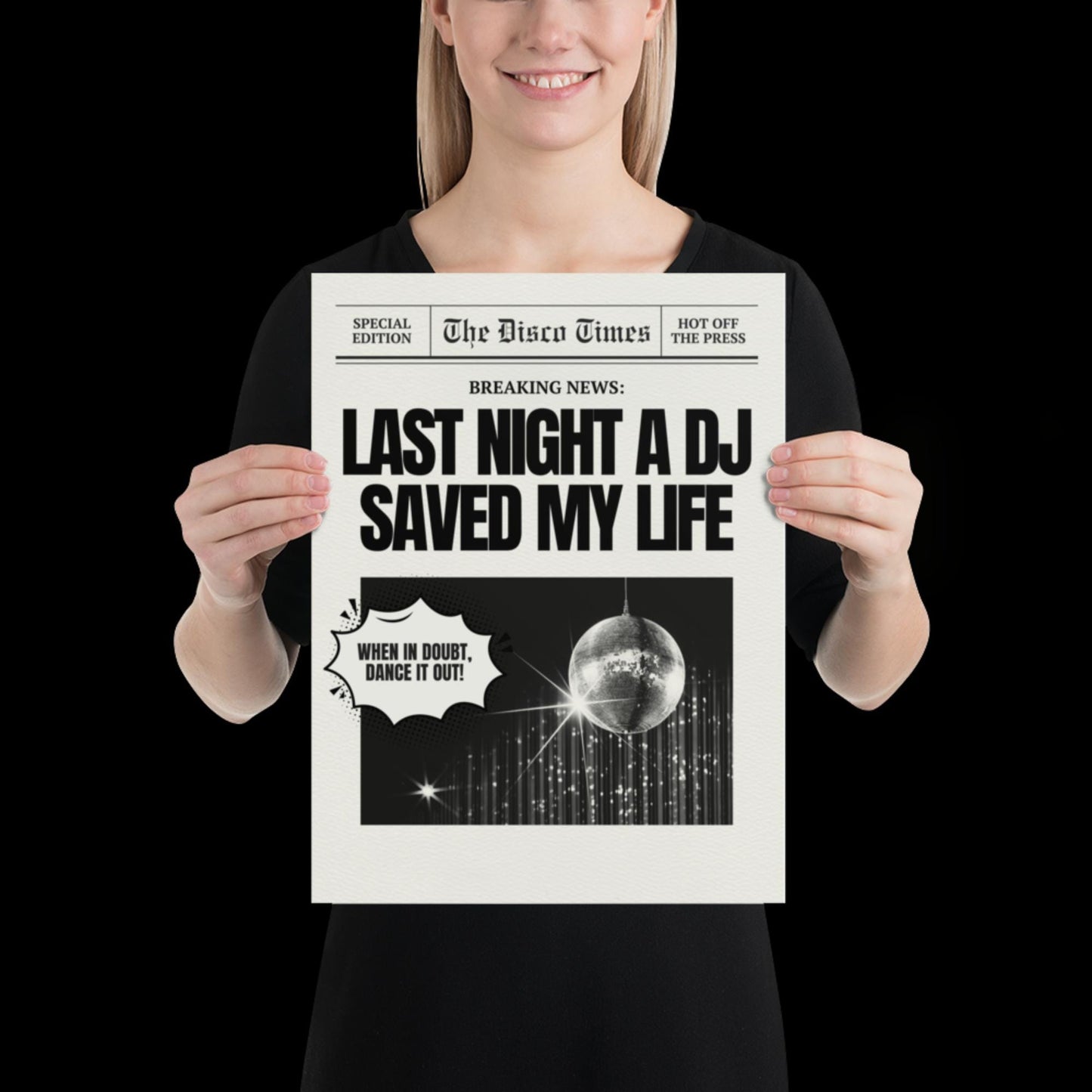 Last Night a DJ Saved My Life Newspaper Print | Retro | Disco Print | Music Poster | Wall Art | House Music | Typographic | Disco Ball