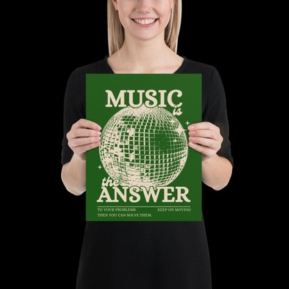 Music is the Answer Green Khaki Disco Ball Wall Print -  Ibiza Colourful Funny Cute Birthday Art Gift Unique Funky House Music Poster
