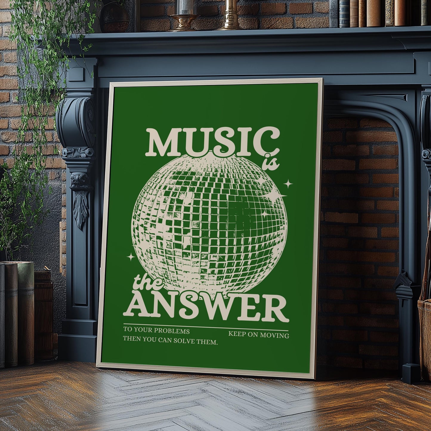 Music is the Answer Green Khaki Disco Ball Wall Print -  Ibiza Colourful Funny Cute Birthday Art Gift Unique Funky House Music Poster