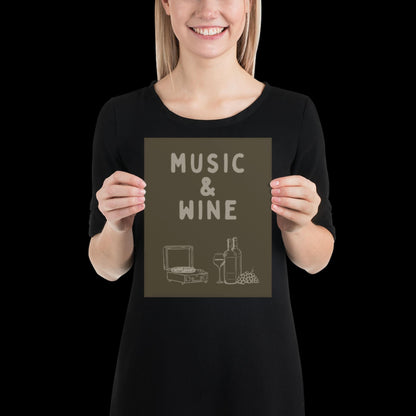 Music and Wine Khaki Green Wall Print -  Ibiza Colourful Funny Cute Birthday Art Gift Unique Funky House Music Poster Lyrics Kitchen