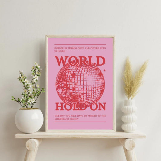 World Hold On Pink and Red Disco Ball Wall Print - Ibiza Colourful Funny Cute Birthday Christmas Gift Unique Leopard Cocktail
