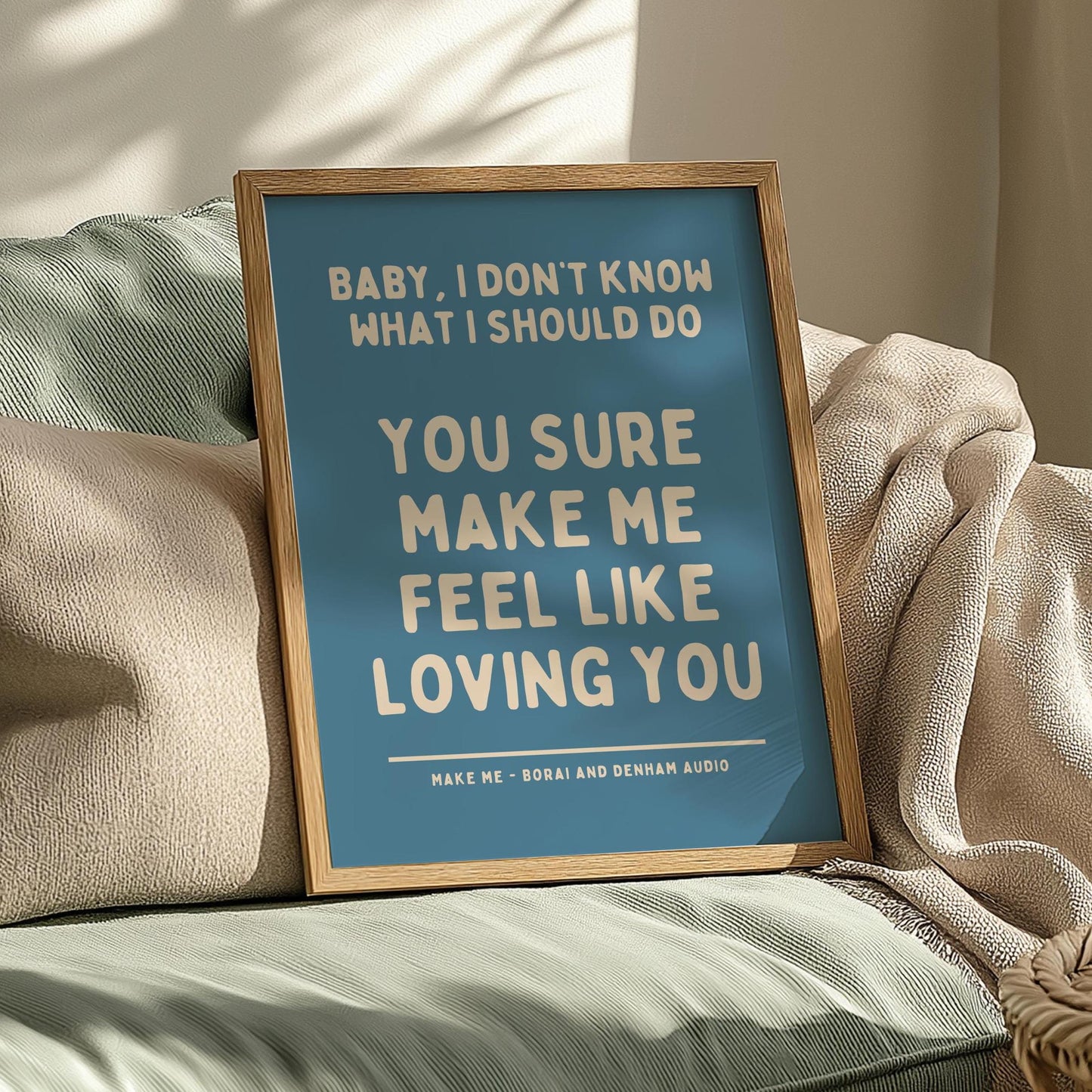 Make Me Inspired Blue and Beige Print - Borai Denham Audio Ibiza Bold Typographic Colourful House Music Poster Groovy Bar Disco Funky