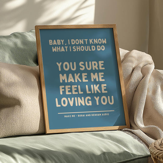 Make Me Inspired Blue and Beige Print - Borai Denham Audio Ibiza Bold Typographic Colourful House Music Poster Groovy Bar Disco Funky