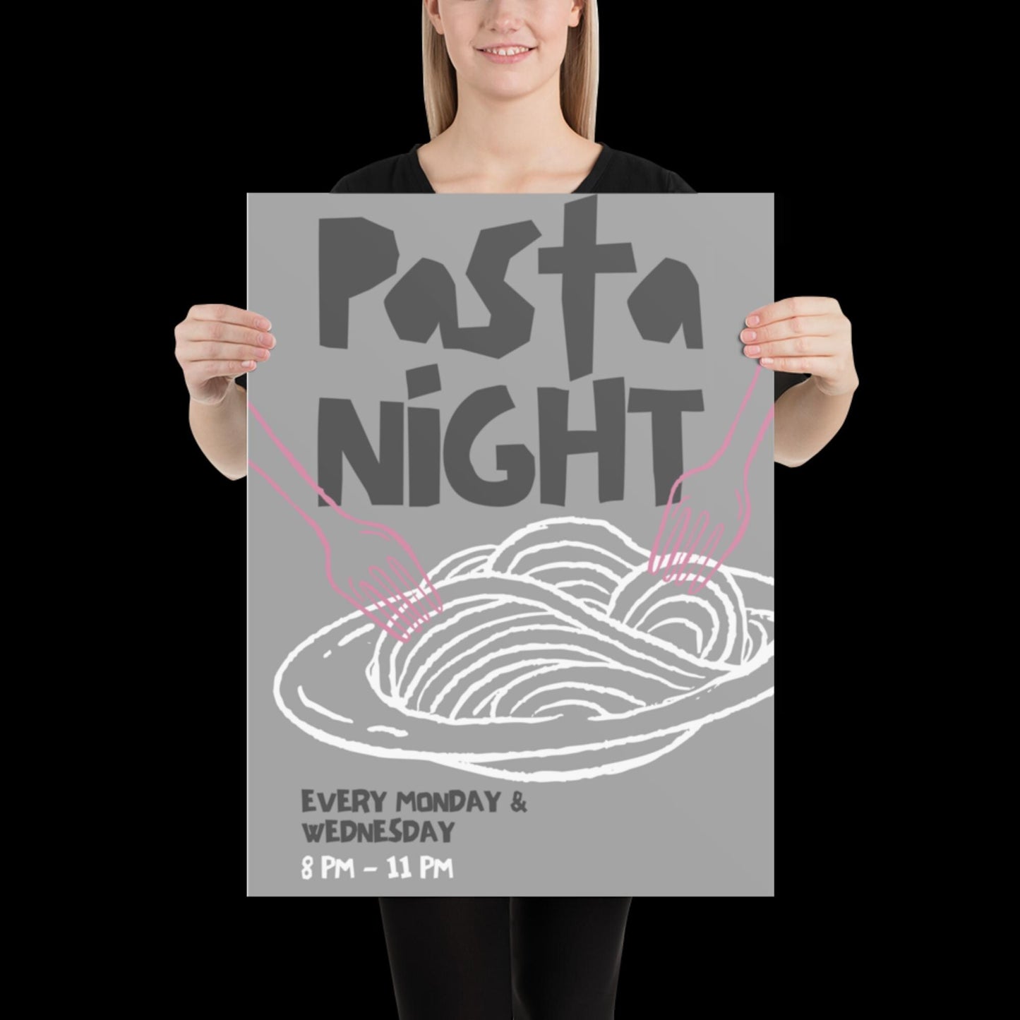 Pasta Night Wall Art Poster • Gray and Pink • Pasta Print Poster • Minimalistic Kitchen Wall Art • Aesthetic • Trendy Wall Art