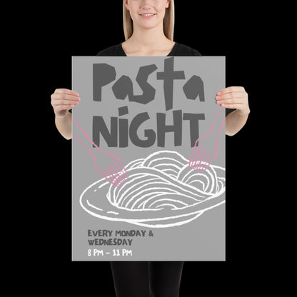 Pasta Night Wall Art Poster • Gray and Pink • Pasta Print Poster • Minimalistic Kitchen Wall Art • Aesthetic • Trendy Wall Art