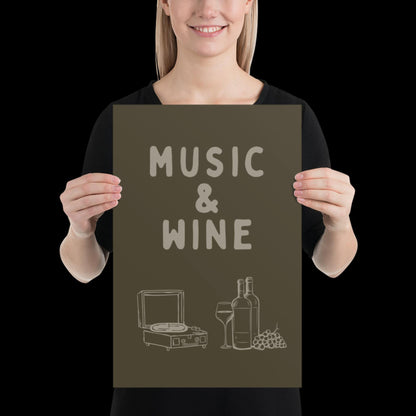 Music and Wine Khaki Green Wall Print -  Ibiza Colourful Funny Cute Birthday Art Gift Unique Funky House Music Poster Lyrics Kitchen