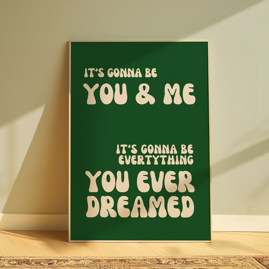 You and Me Green and Beige Lyrics Wall Print