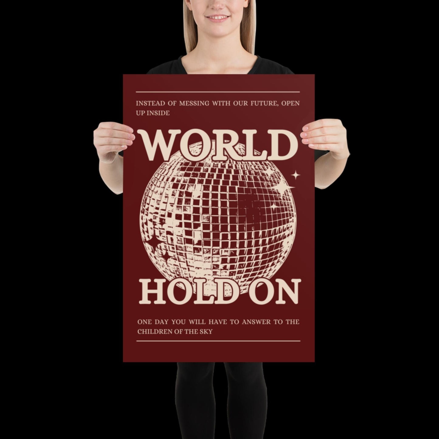 World Hold On Cherry Red and Beige Disco Ball Wall Print - Ibiza Colourful Funny Cute Birthday House Music Gift Unique Art Poster Funky