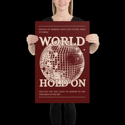 World Hold On Cherry Red and Beige Disco Ball Wall Print - Ibiza Colourful Funny Cute Birthday House Music Gift Unique Art Poster Funky