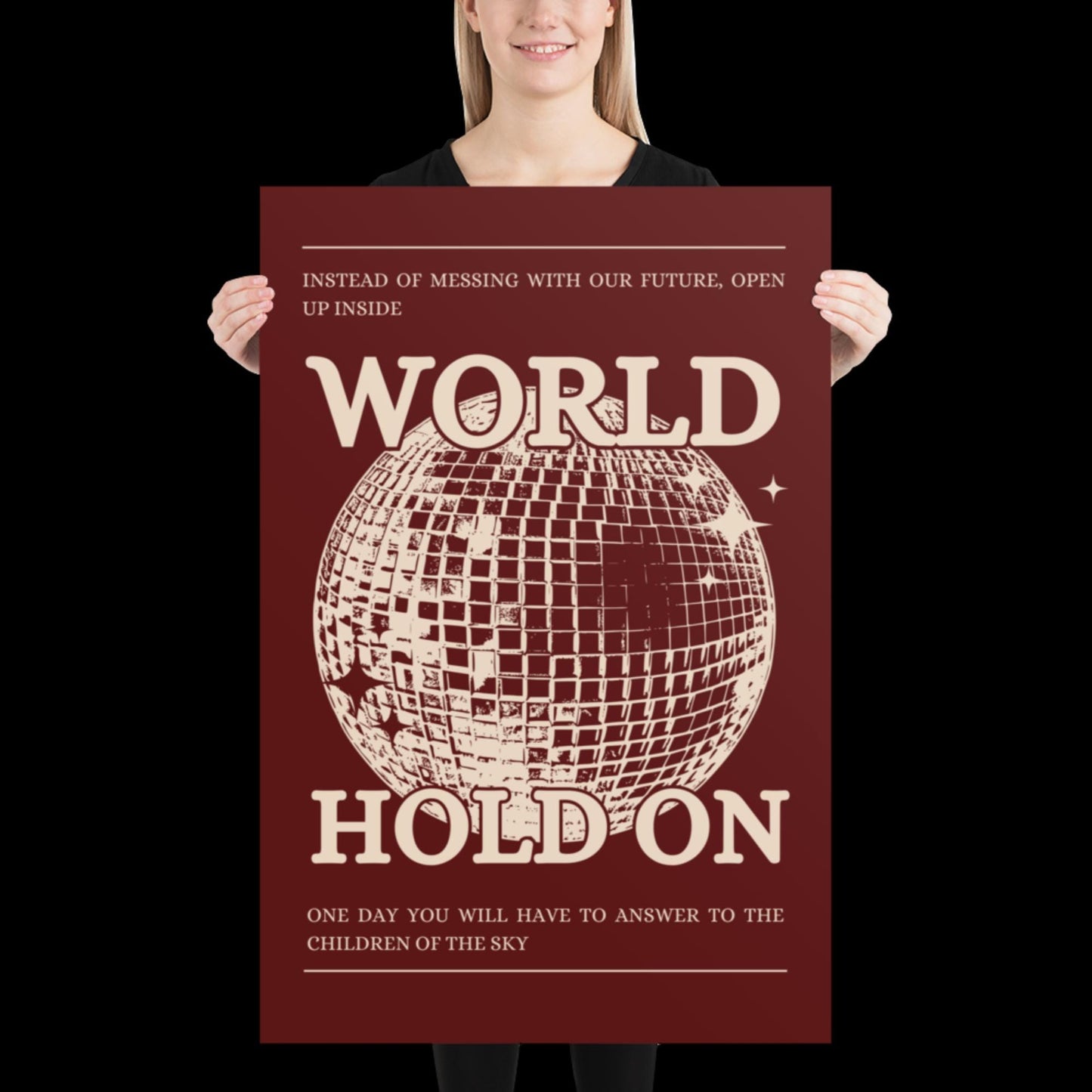 World Hold On Cherry Red and Beige Disco Ball Wall Print - Ibiza Colourful Funny Cute Birthday House Music Gift Unique Art Poster Funky