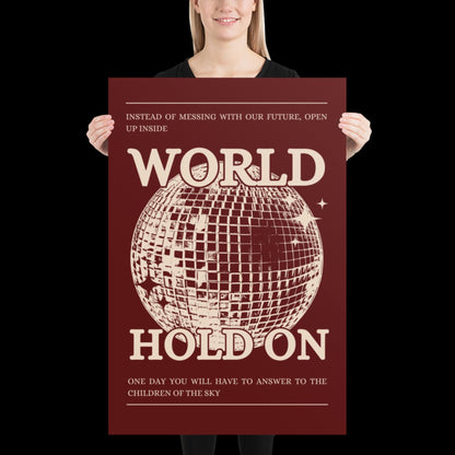 World Hold On Cherry Red and Beige Disco Ball Wall Print - Ibiza Colourful Funny Cute Birthday House Music Gift Unique Art Poster Funky