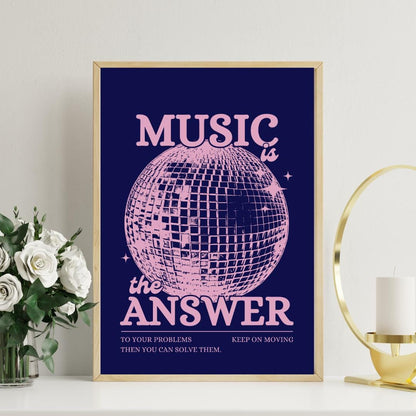 Music is the Answer Navy Blue and Pink Disco Ball Wall Print - Ibiza Colourful Funny Cute Birthday Christmas Gift Unique Leopard Cocktail