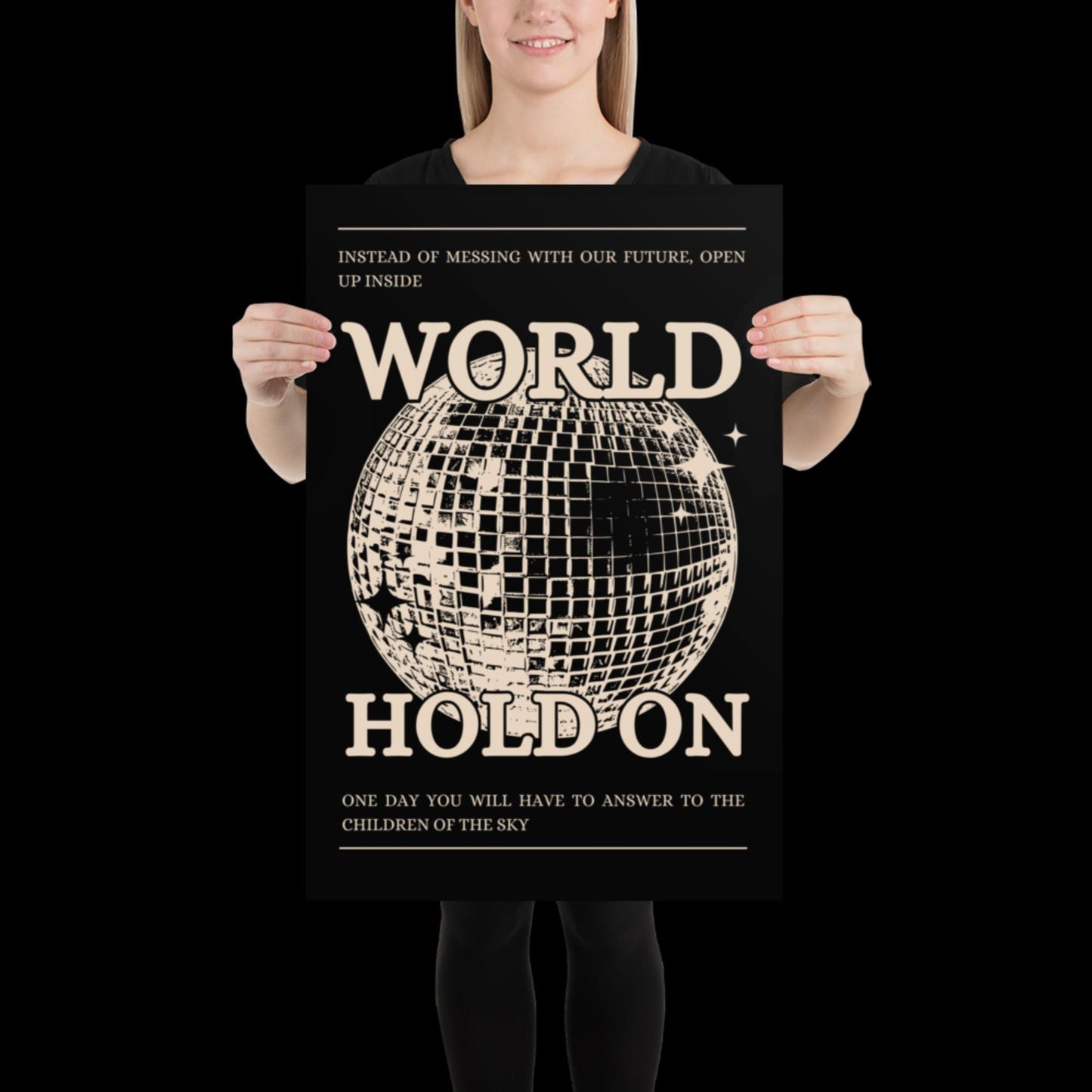 World Hold On Black and Beige Disco Ball Wall Print - Ibiza Colourful Funny Colourful Birthday House Music Gift Unique Funky Cocktail
