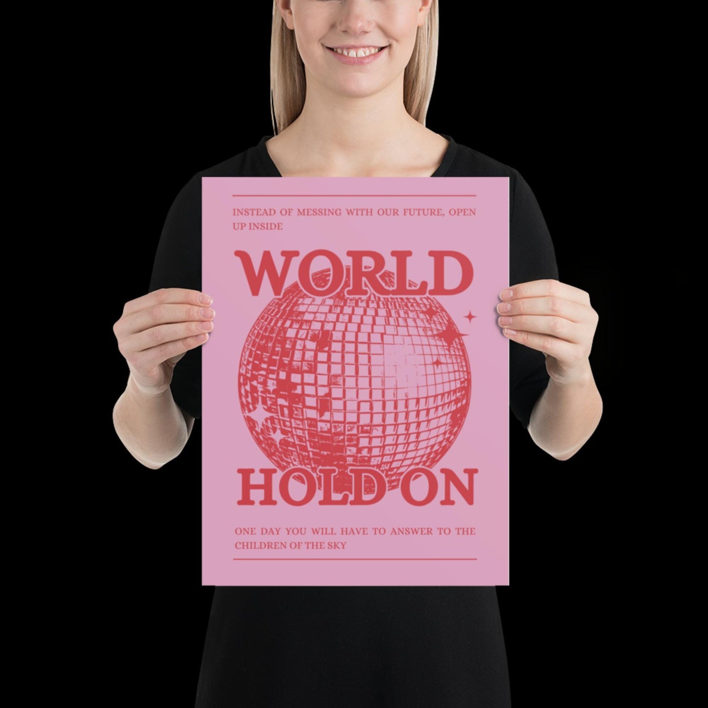 World Hold On Pink and Red Disco Ball Wall Print - Ibiza Colourful Funny Cute Birthday Christmas Gift Unique Leopard Cocktail