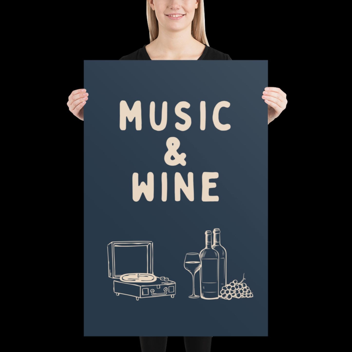Music and Wine Navy Blue and Beige Wall Print -  Ibiza Colourful Funny Cute Birthday Art Gift Unique Funky House Music Poster Lyrics Kitchen