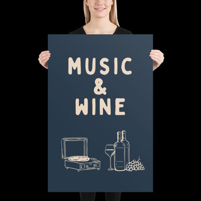 Music and Wine Navy Blue and Beige Wall Print -  Ibiza Colourful Funny Cute Birthday Art Gift Unique Funky House Music Poster Lyrics Kitchen