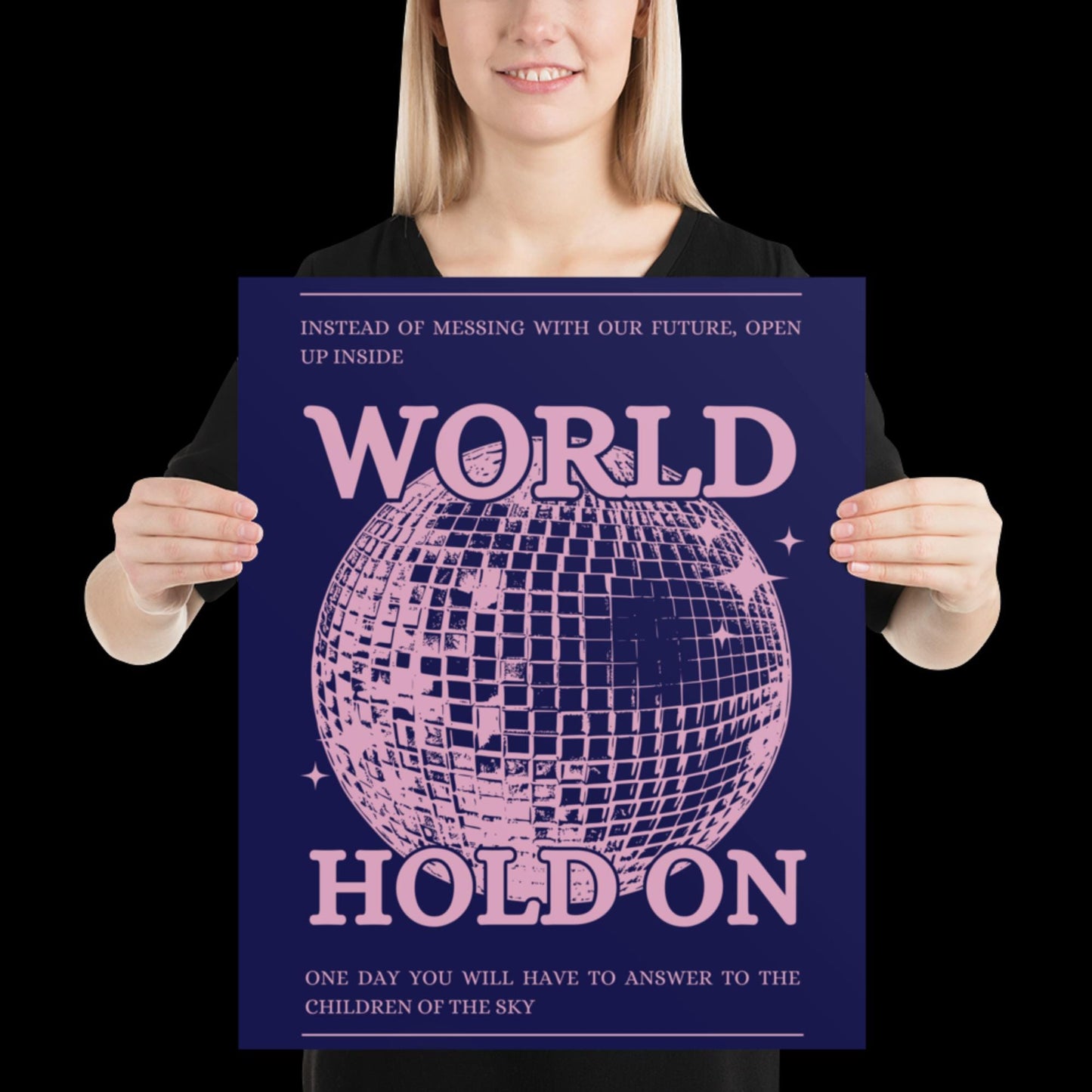 World Hold On Navy Blue and Pink Disco Ball Wall Print - Ibiza Colourful Funny Cute Birthday Christmas Gift Unique Leopard Cocktail