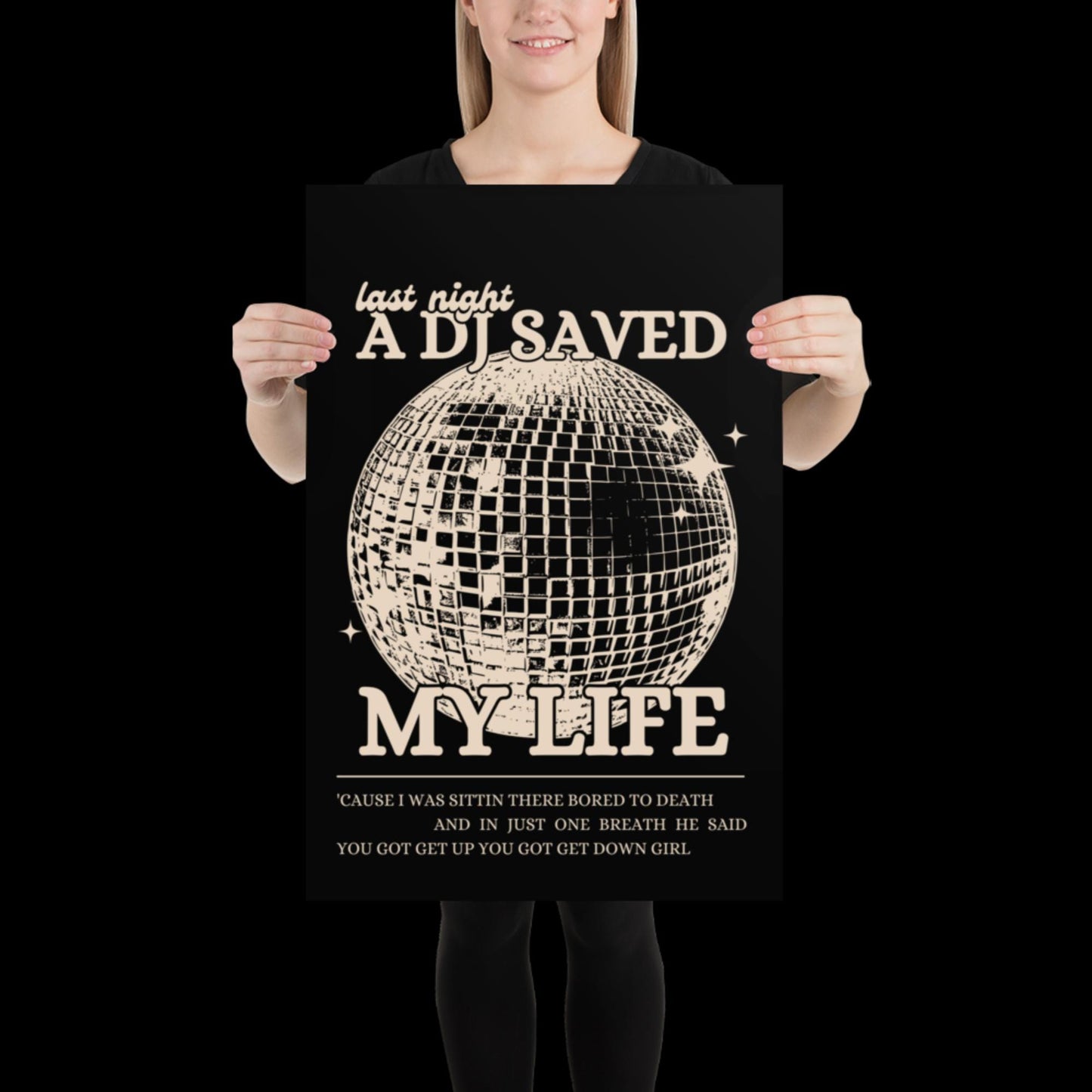 Last Night a DJ Saved My Life Black and Beige Wall Print - Ibiza Colourful Funny Cute Birthday Christmas Gift Unique Leopard Disco Ball