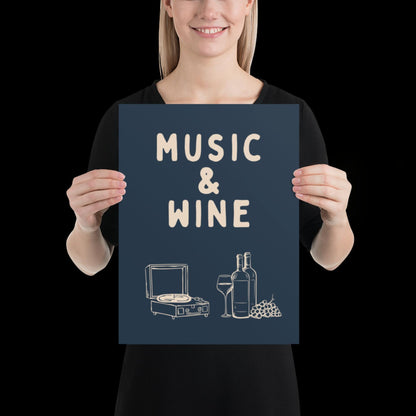 Music and Wine Navy Blue and Beige Wall Print -  Ibiza Colourful Funny Cute Birthday Art Gift Unique Funky House Music Poster Lyrics Kitchen